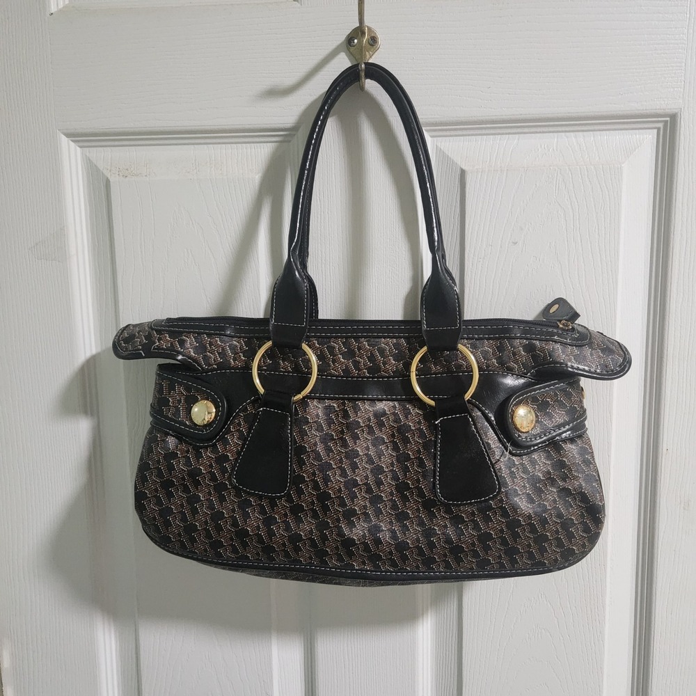 Linea Rosetti Monogram Print Shoulder Bag Brown Black Gold Tone Hardware Handbag